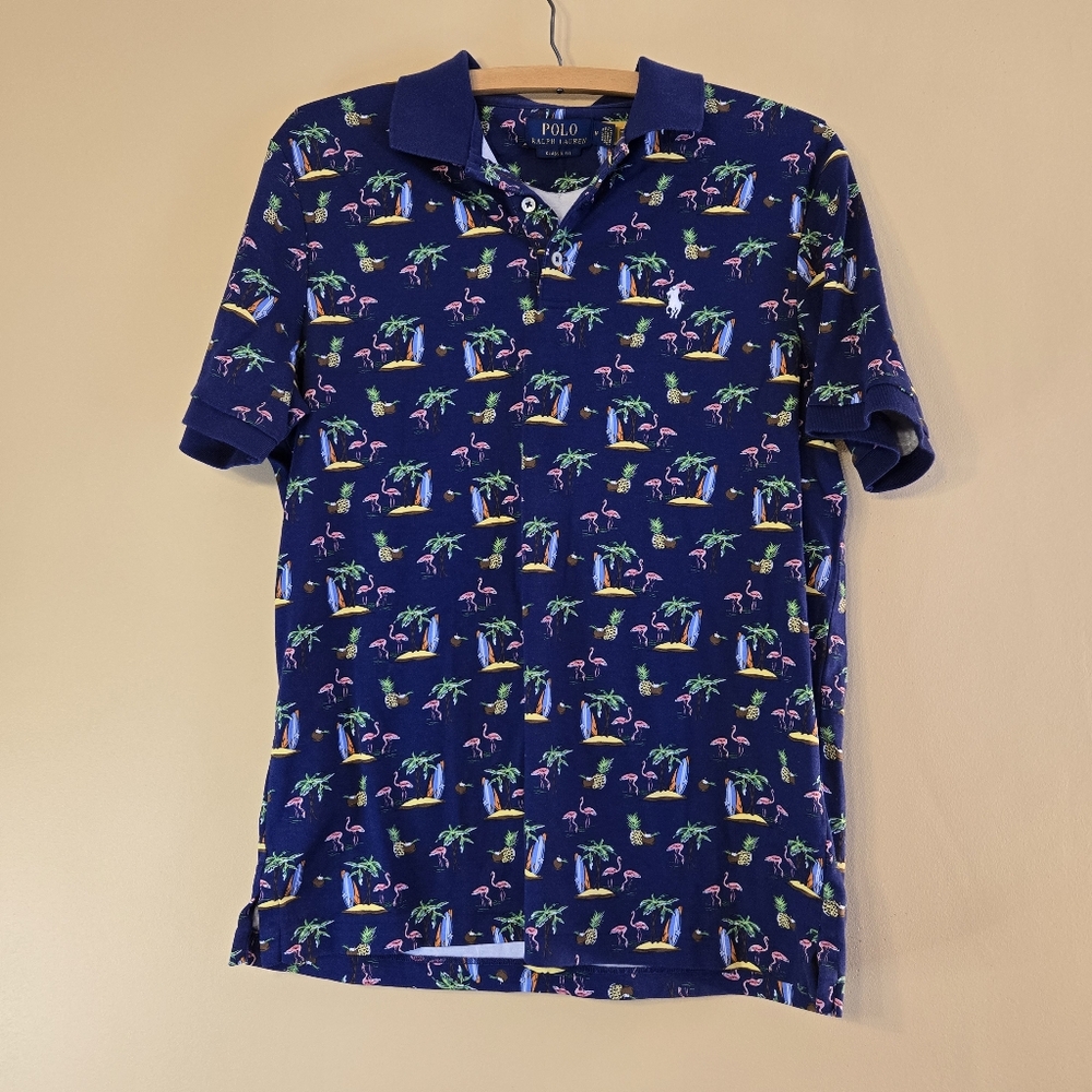 Ralph Lauren Pink Flamingo Cotton Polo Shirt Medium Blue Palm Tree Hawaiian